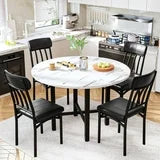 Lamerge Round Dining Table Set for 4,Wood Round Kitchen Table and Chairs Set for 4,Modern Dining Room Table Set with 4 Faux Leather Chairs,Round Dinner Table for Small Space,White+Black